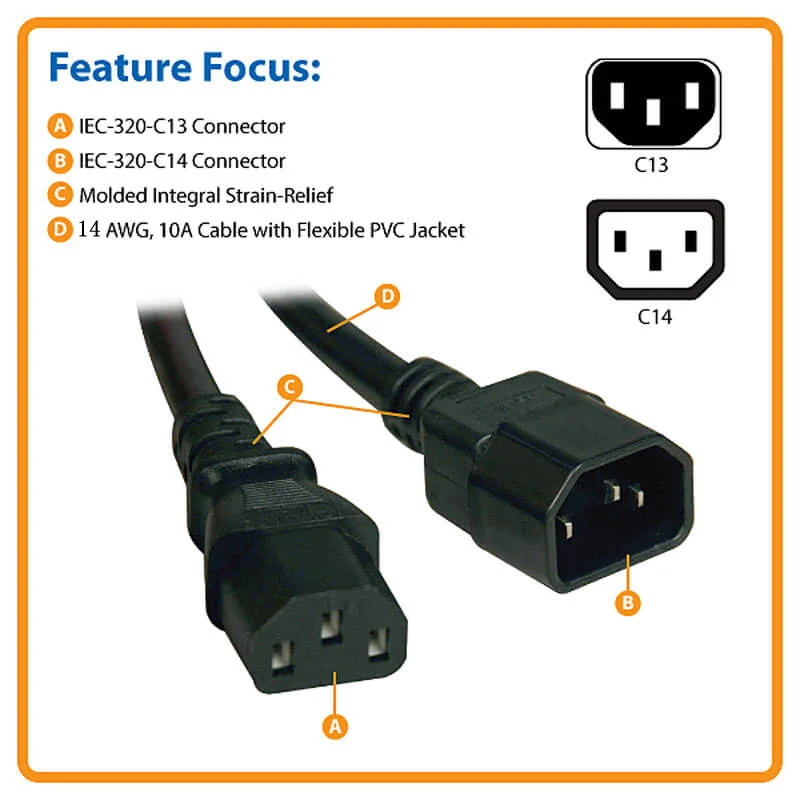 Customized length plug  UE&VDE UPS PDU power extension cord cable  3 pin 14WAG 10A 250V Male to female C13 C14 C15 C19 C20
