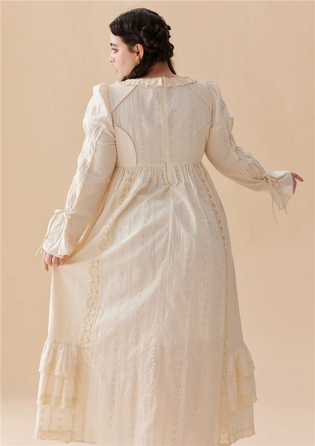 2024 Winter Elegant Fat Women 100% Cotton Ruffle Long Sleeve Lace Plus Size Dress