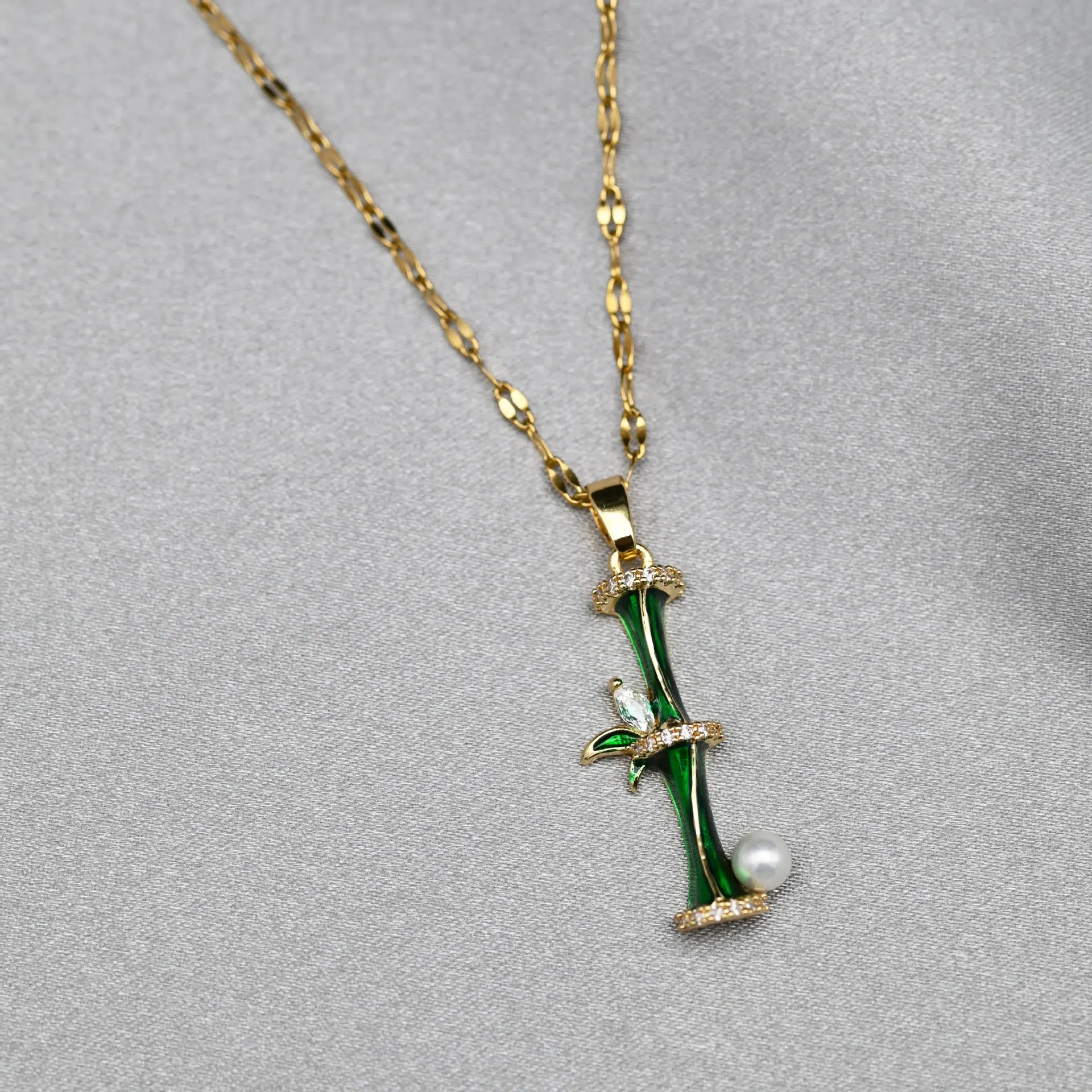 SFANG 18K Gold Plated Vintage Elegant Stainless Steel Jewelry Women Girls Bamboo Shape Natural Jade Pendant Necklace