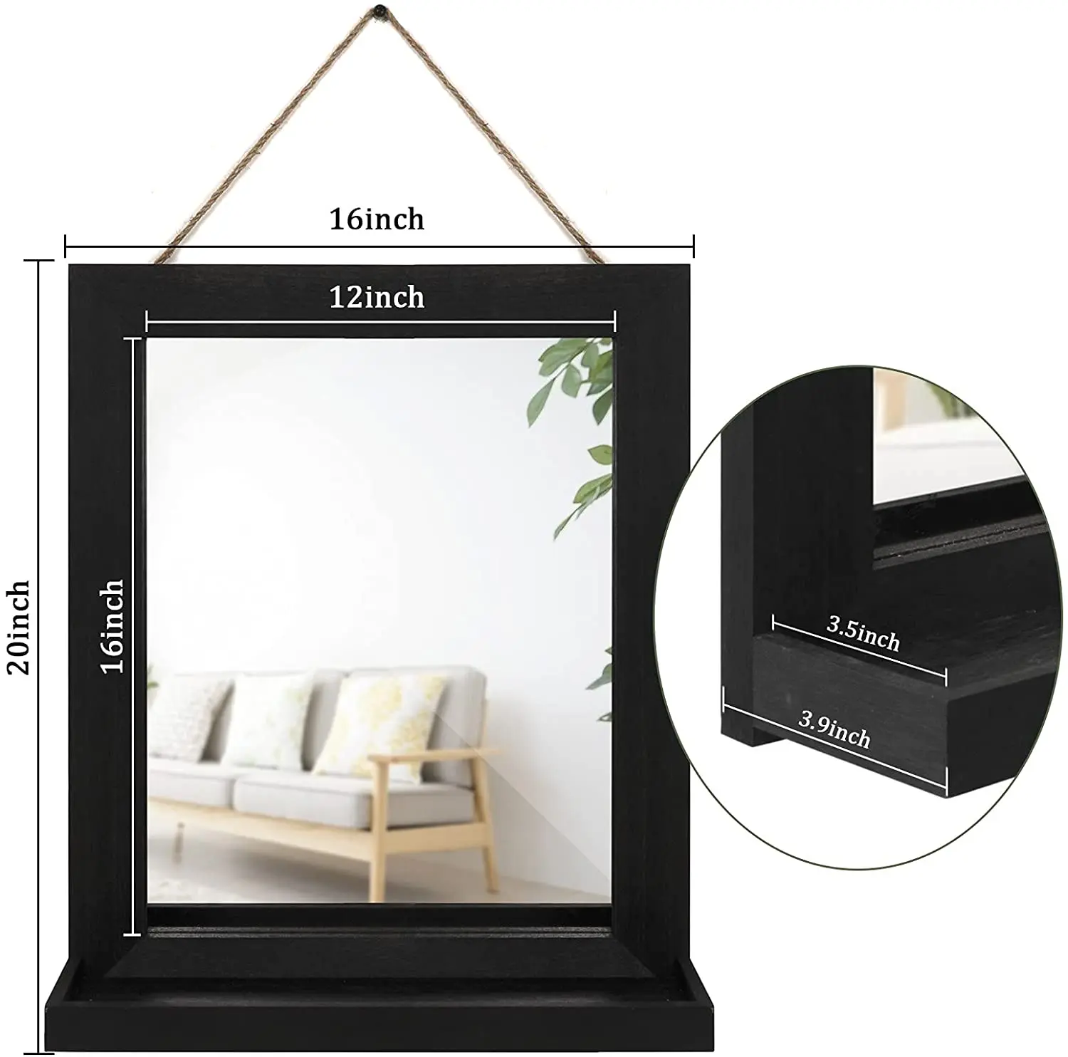 20 x 16 inch Rustic Wood Frame Farmhouse Decor Wall Mirror with Shelf