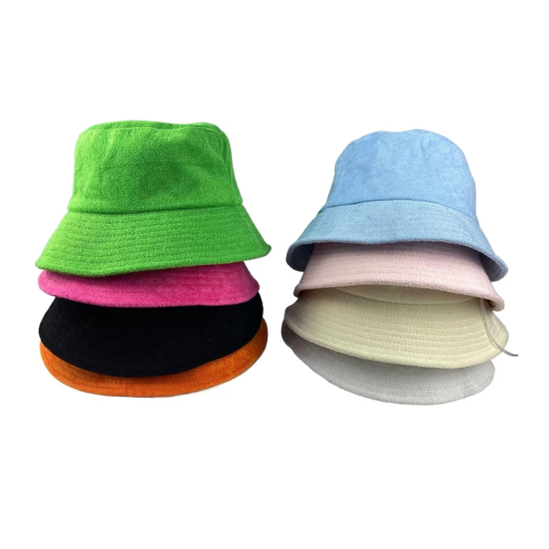 Winter Plain Terry Towel Cloth Fisherman Hat Custom Blank Neon Green Fluffy Terry Towel Bucket Hats