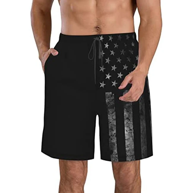 Mens Swim Trunks Quick Dry Black American Flag Mens Beach Board Shorts with Mesh Lining