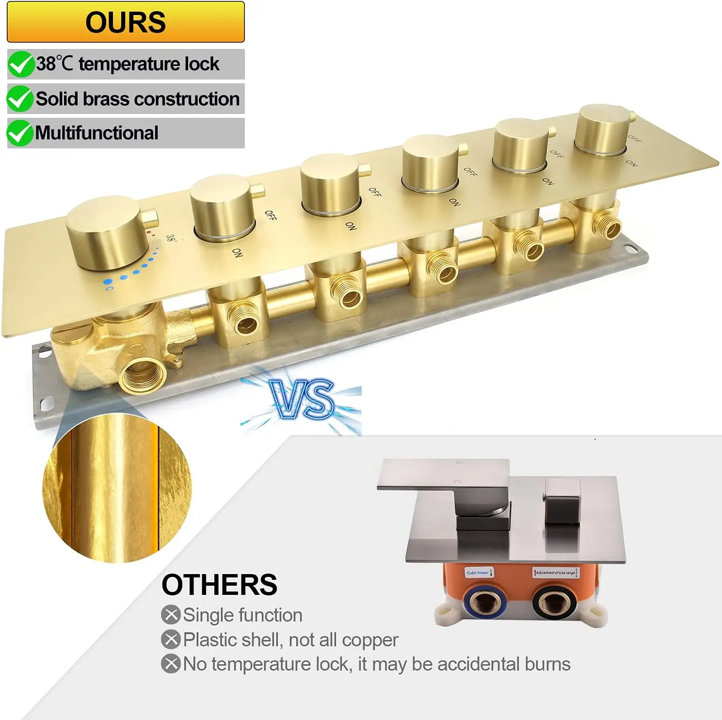 5 way Multi Function Shower Diverter Valve Brass Brushed Gold Thermostatic Mixer Shower Control Valve