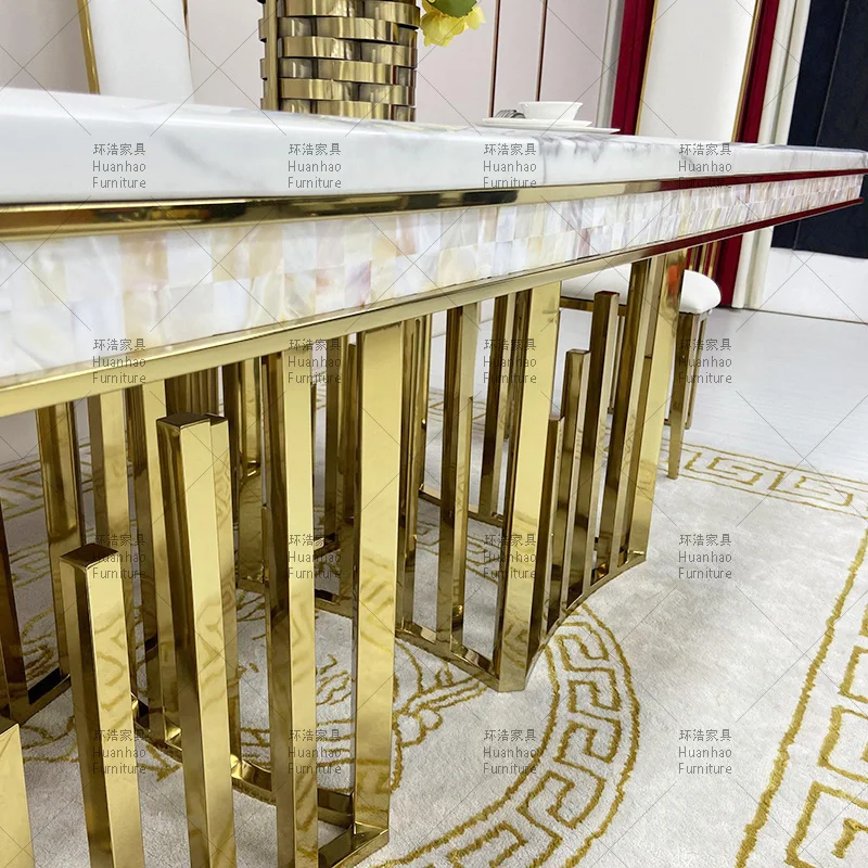Wholesale Ivory White marble top stainless steel dining table restaurant luxury gold dining 6 chairs and tables set