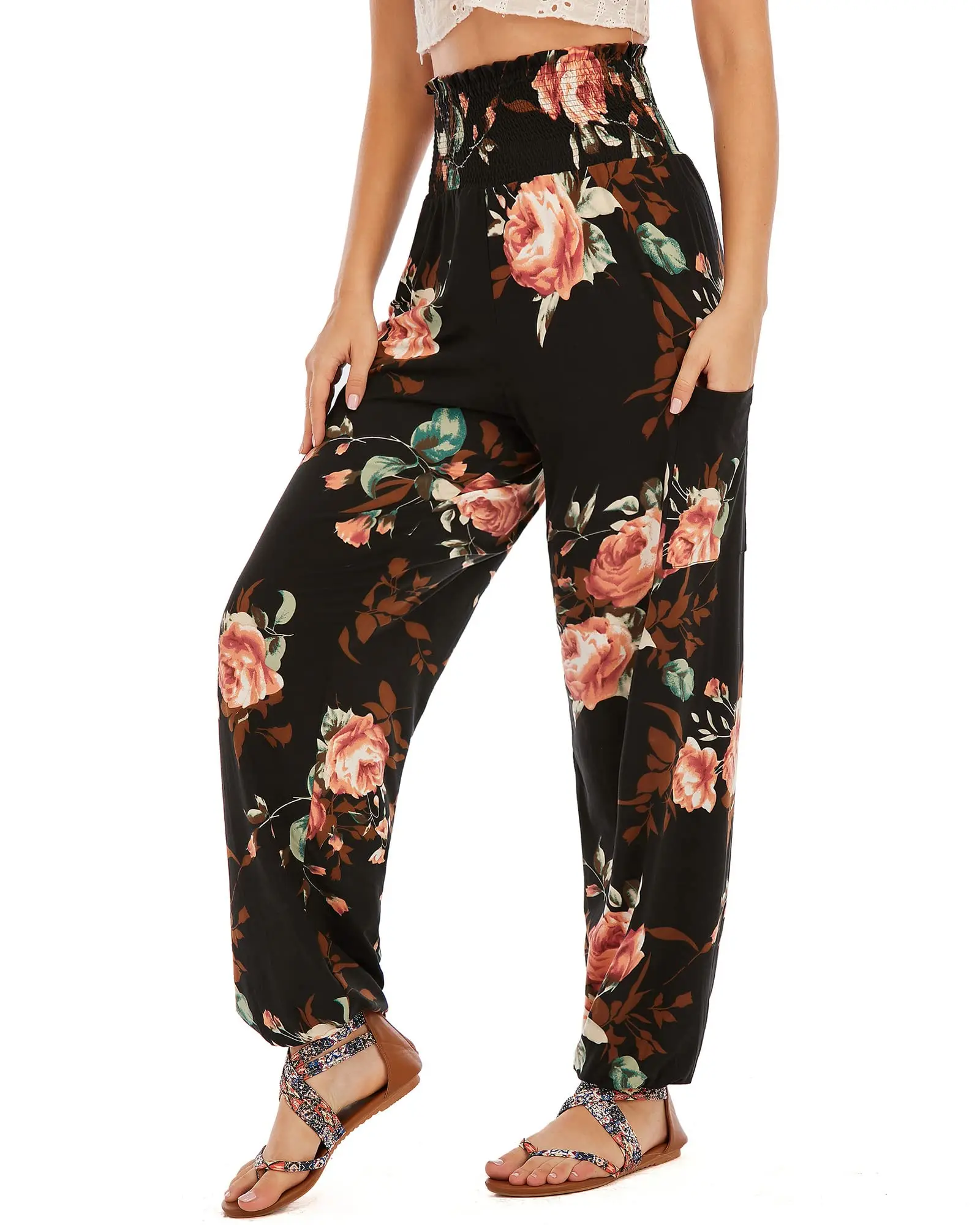 Wholesale Breathable Sports Outdoor Harem Ladies Pants High Waist Boho Trousers Print Wide Leg Pants With Pockets