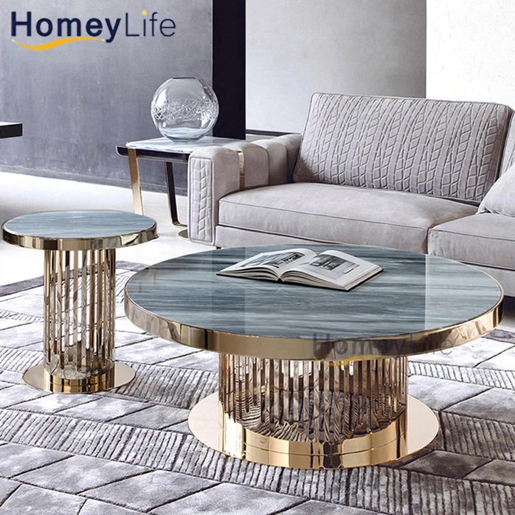 Modern Living Room White Round Marble Coffee Table Set Gold Metal Luxury Center Table For The Living Room