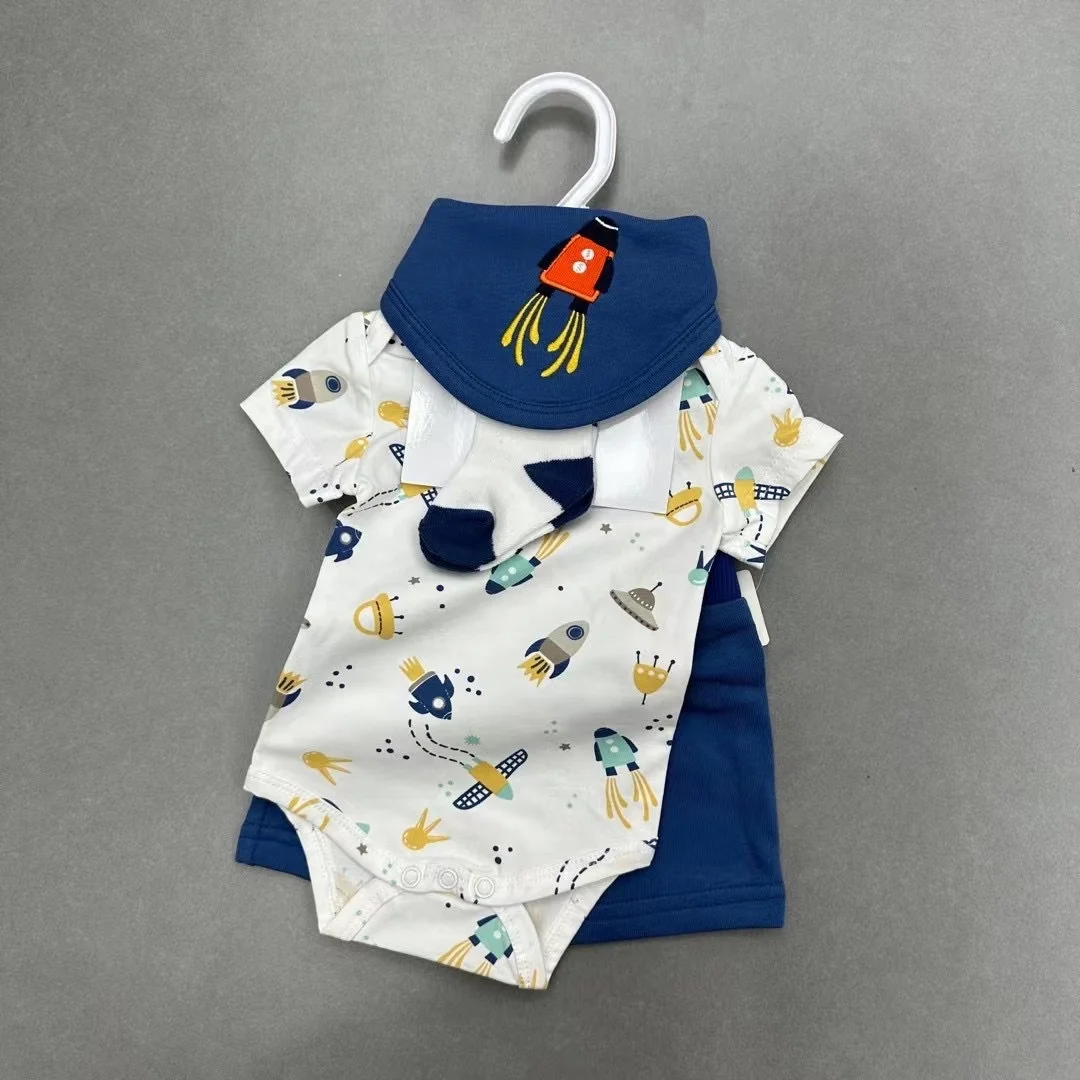New Summer Baby Clothing for 2024 Baby 4 piece set Printed Cute Pattern Shorts Set Waffle Kids Shorts Set, summer baby clothing