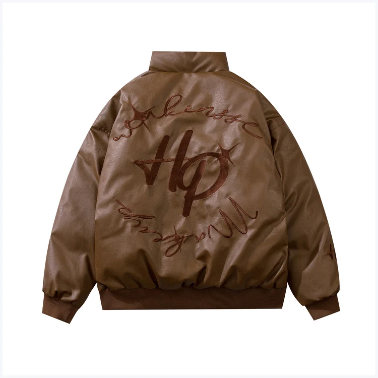 Oem Mens Retro Embroidery Coat Custom Logo Cotton-padded Jacket Pu Leather Jacket Men