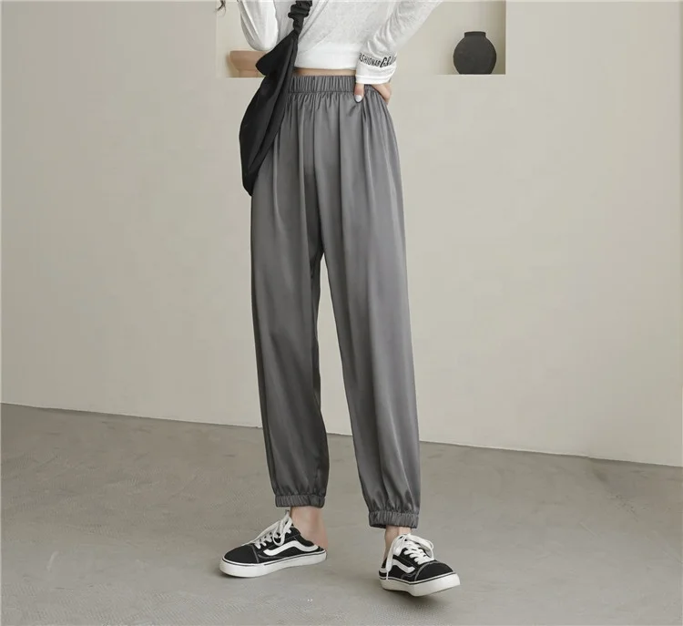 New Arrivals Women Fashion Pantaloon High Waist Glossy Satin Pants Cuff Ankle Cooling Pants Tropical Weather Suitable