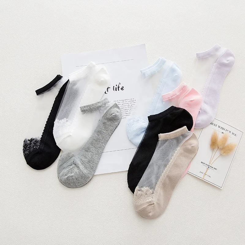 Summer short nylon lace socks for women nylon ankle socks girls sheer mesh decorated nylon lace socks set