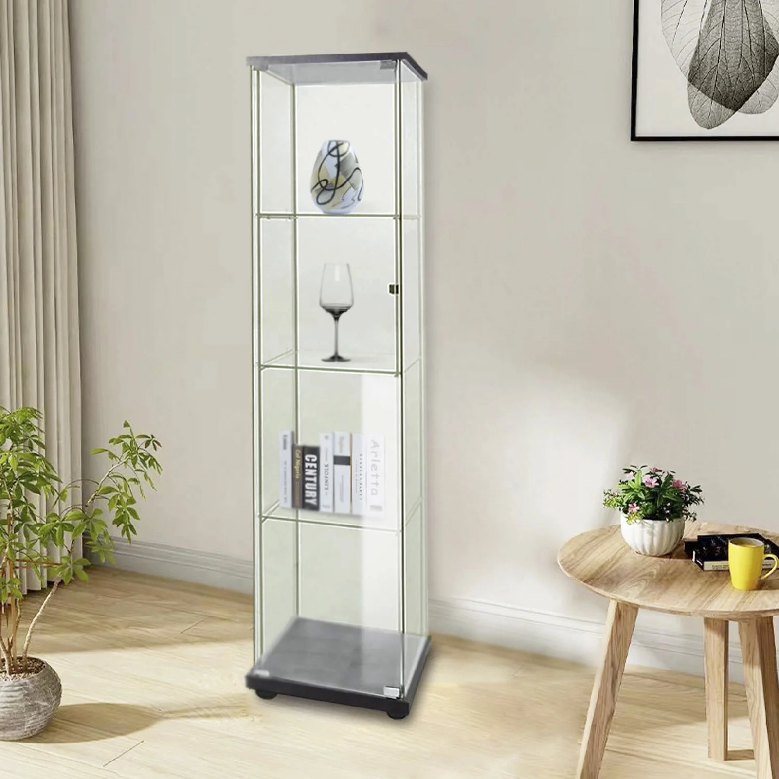 4-Shelf Glass door Cabinet tempered glass display cabinet for Living Room Bedroom Office