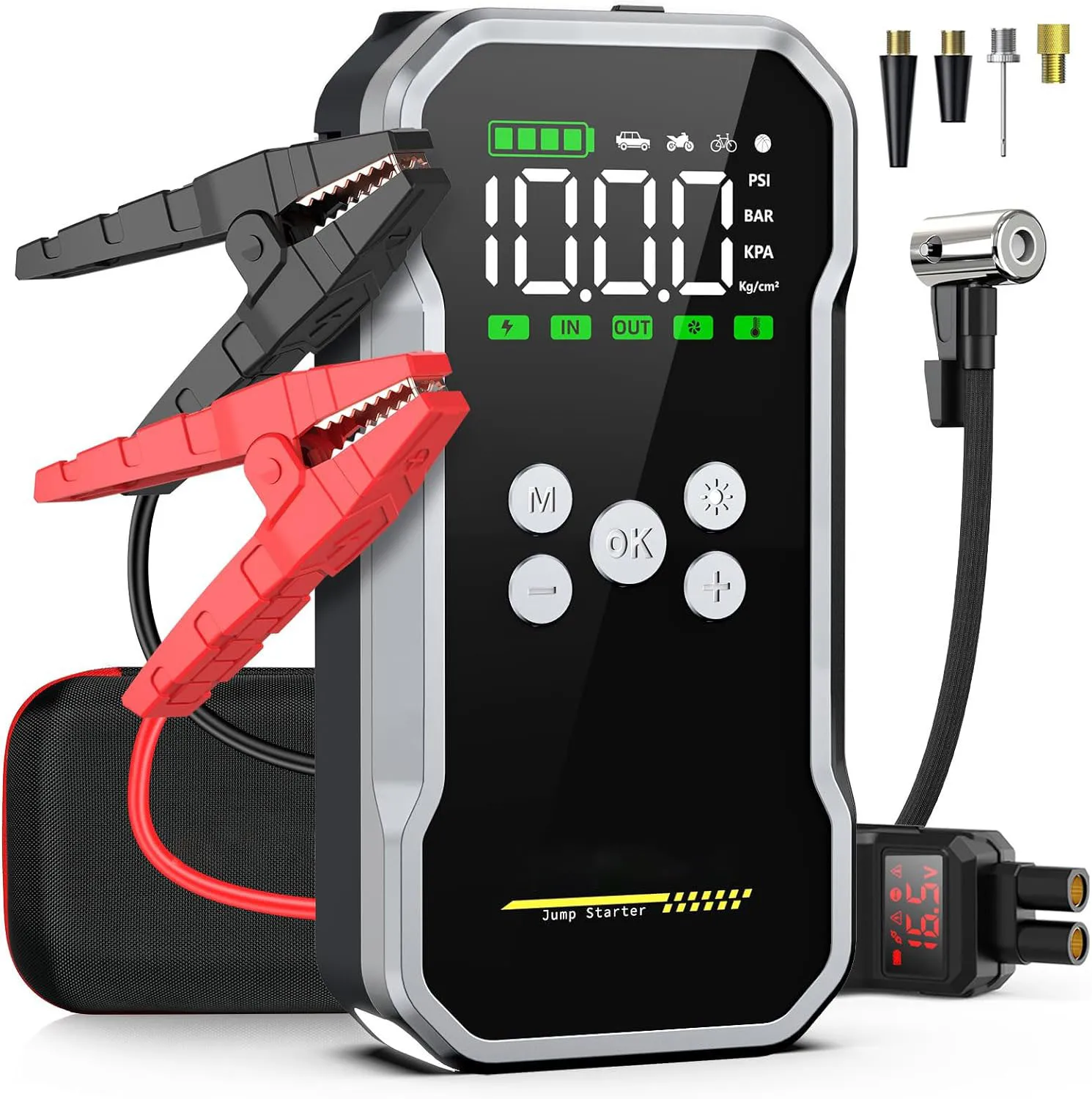 2024 4000A 12V Truck Jump Starter with Air Compressor 15800mAh with LED Strobe Light Portable with Carry Bag