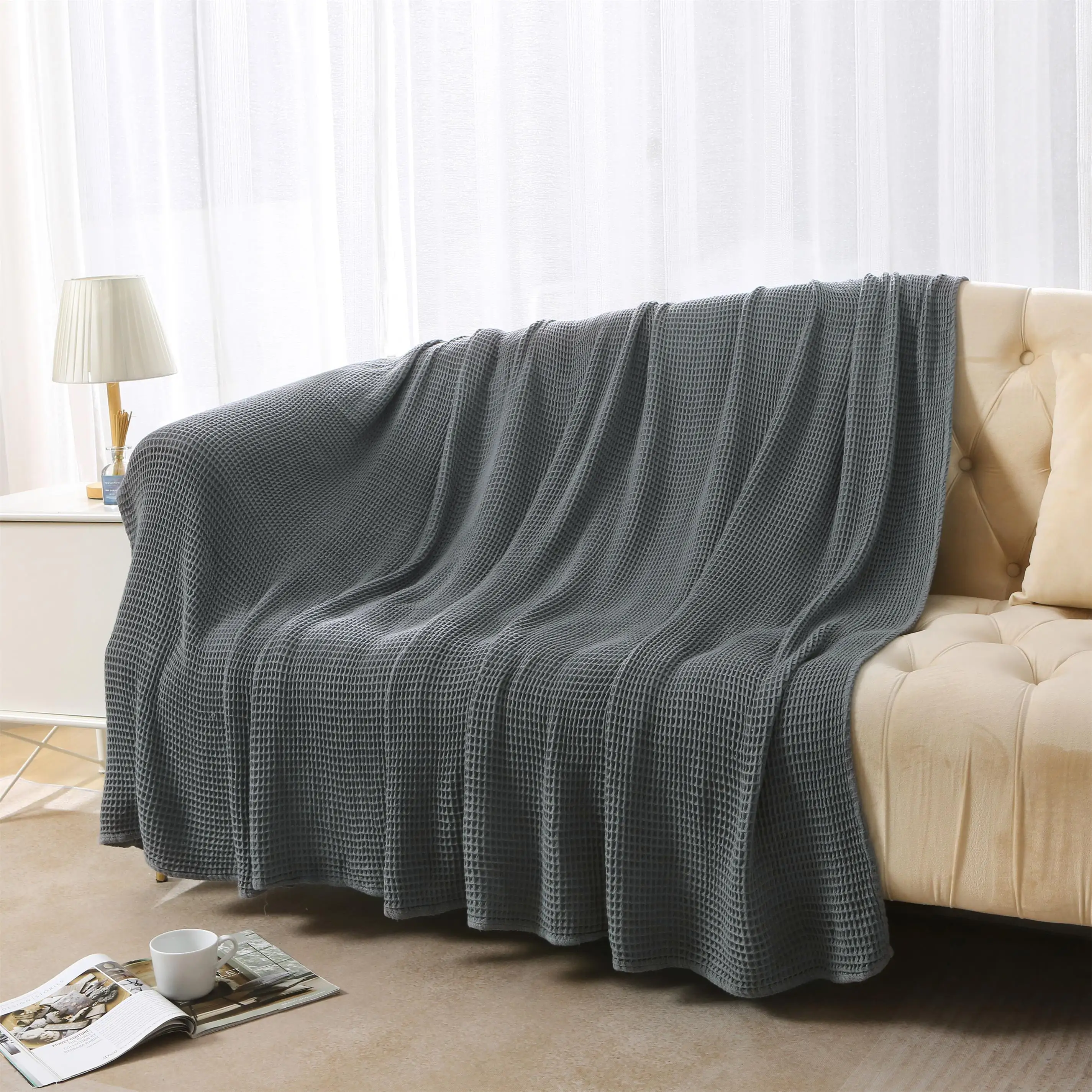 Organic Bamboo waffle blanket sofa couch throws Breathable light weight for all season