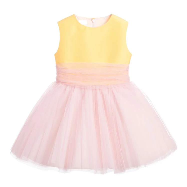 Stylish high end new design baby girl dress sleeveless pink and yellow tulle party kids clothes girls dresses