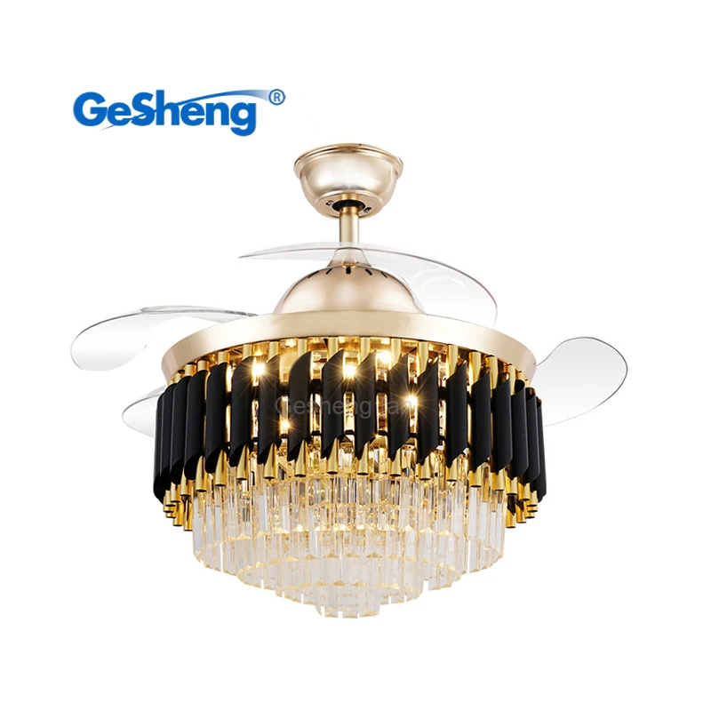 42 inch luxury acrylic retractable lampara ventilador dc remote control invisible gold crystal chandelier ceiling fan light