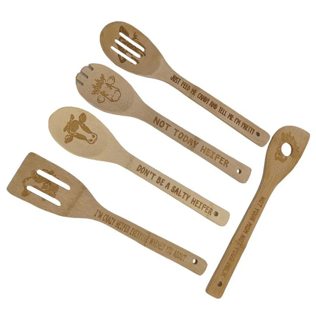 Bamboo Kitchen Spatula Set Spoon Sets Cooking Serving Utensils Gadgets