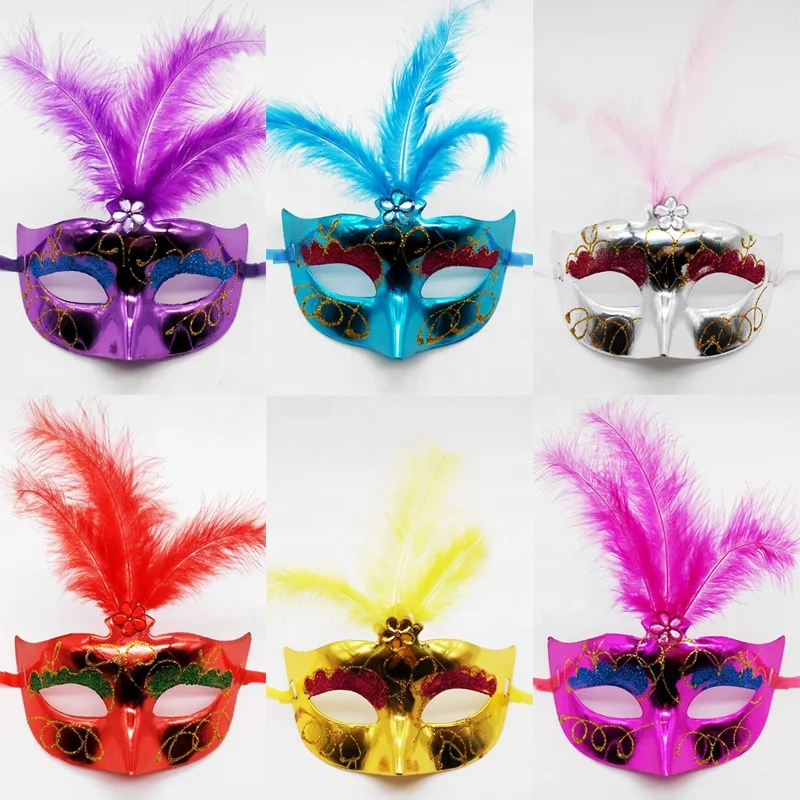 Half Face Woman Party Mask Electroplating painting colorful mardi gras masks with feather