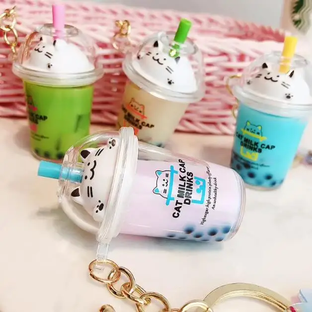 Cute Novelty Style Liquid Meow Boba Tapioca Black Pearl Milk Bubble Tea Mini Cup Drink Kawaii Cat Charm Quicksand Keychain