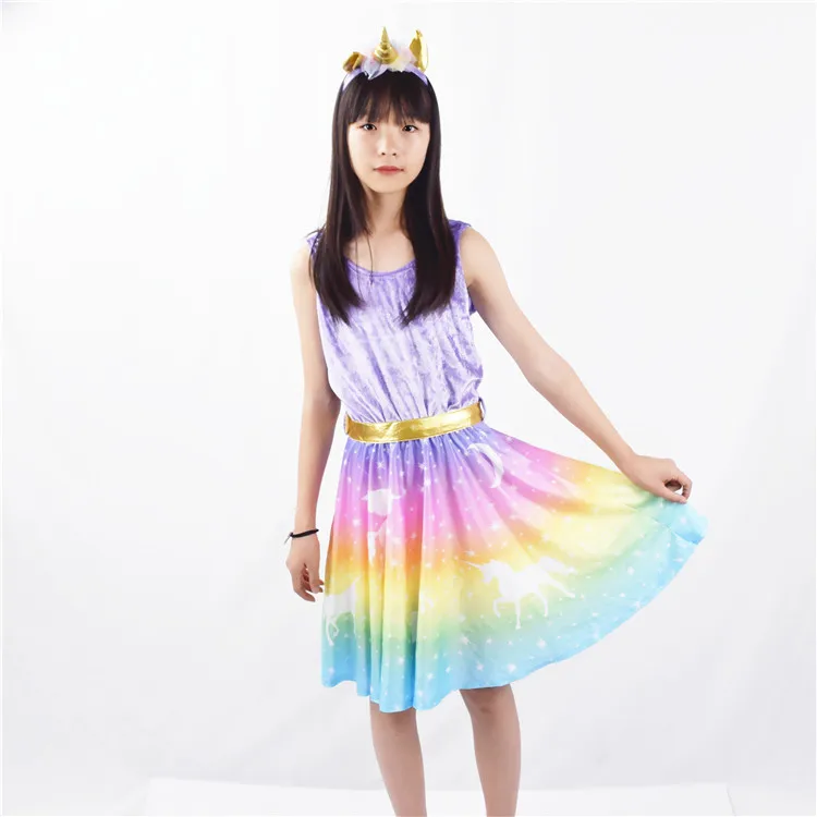 
New Design Kids Party Clothes Boutique Cute Girls Stage Clothing Rainbow Unicorn Dress 