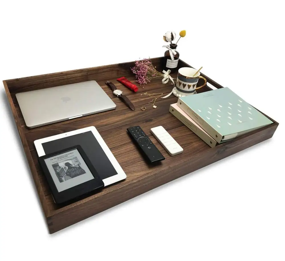 Solid Wood Ottoman Tray with Handles Extra Large Rectangle Black