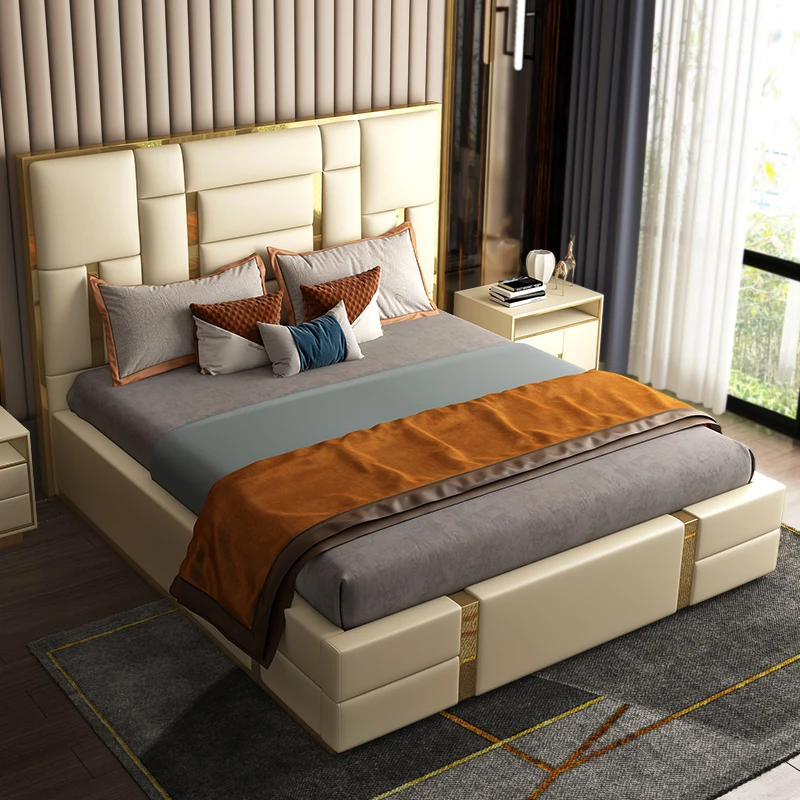 High Quality Luxury Minimalist Creative Bedroom Double Bed Metal Element White Modern Creative Big Bedside Bedroom Bed