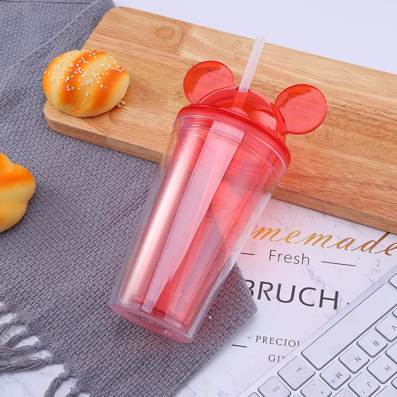 Seaygift 2021amazon hot selling double wall summer fruit juice clear straw water bottle mouse ear shape plastic tumbler cups