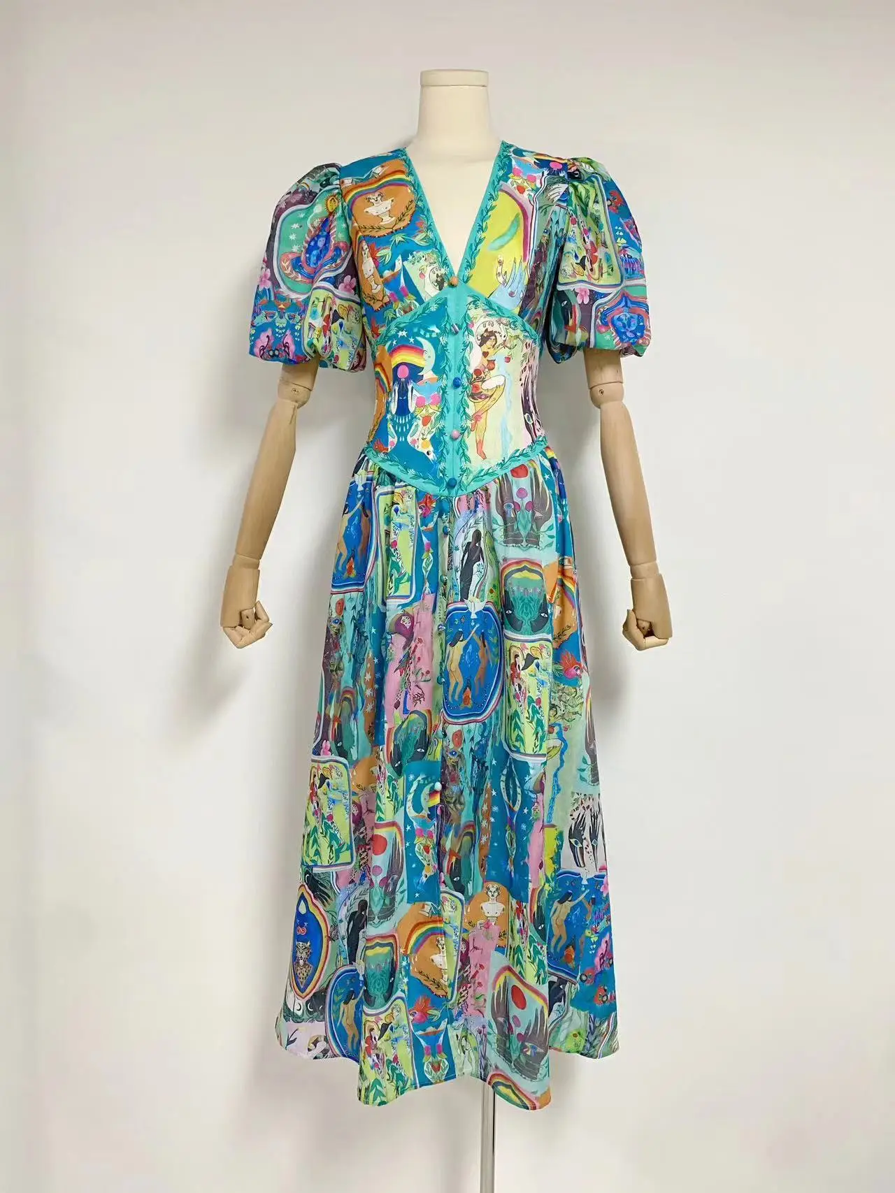 2023 New V-Neck French Vintage Puff sleeves short sleeves cinched waist slim slit Print Midi dress