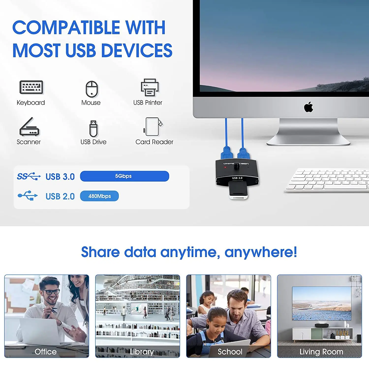 USB3.0 Switch 2port USB Bidirectional Sharing Switcher Selector with One Button for Keyboard Mouse Scanner Printer