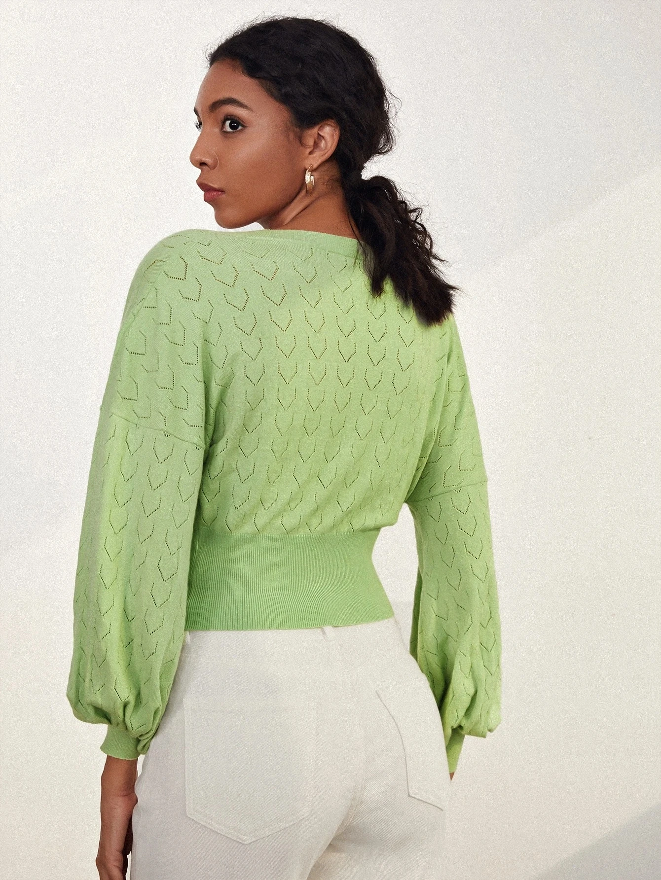 FYB 2021 New Design Summer Stylish Pointelle Long Sleeve V neck Womens Cool Knitted Cardigan Sweater