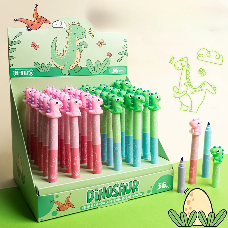 Creative Dinosaur Design School Student Highlighter Kawaii Kids Mini Plastic Liquid Marker Pens Stationery 3 Color in One Pen