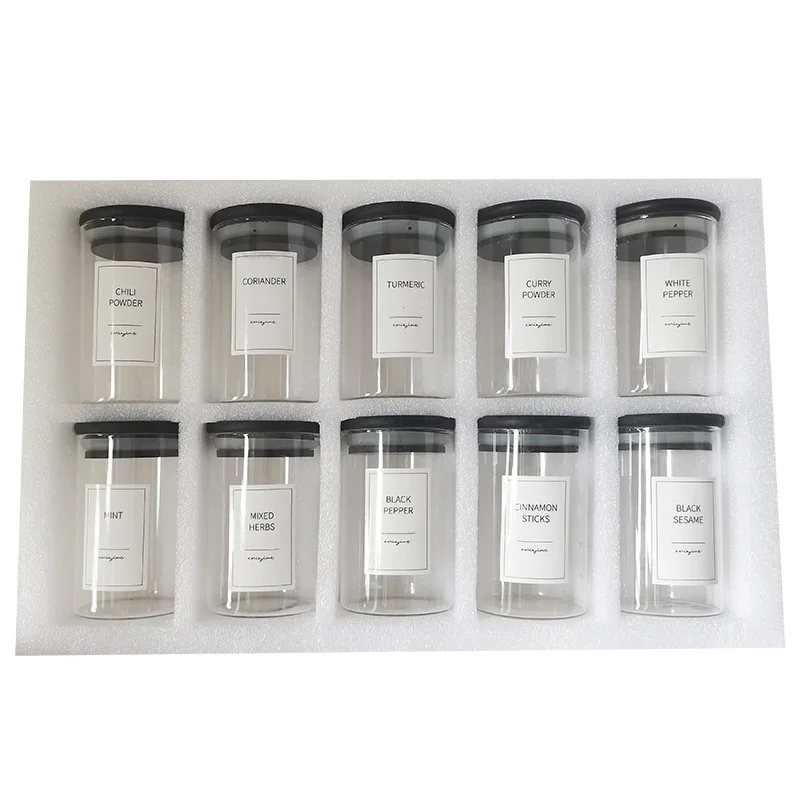 Hot Sale High Borosilicate Glass Jar home and kitchen glass storage jar glass spice jar with Black Bamboo Lid Set