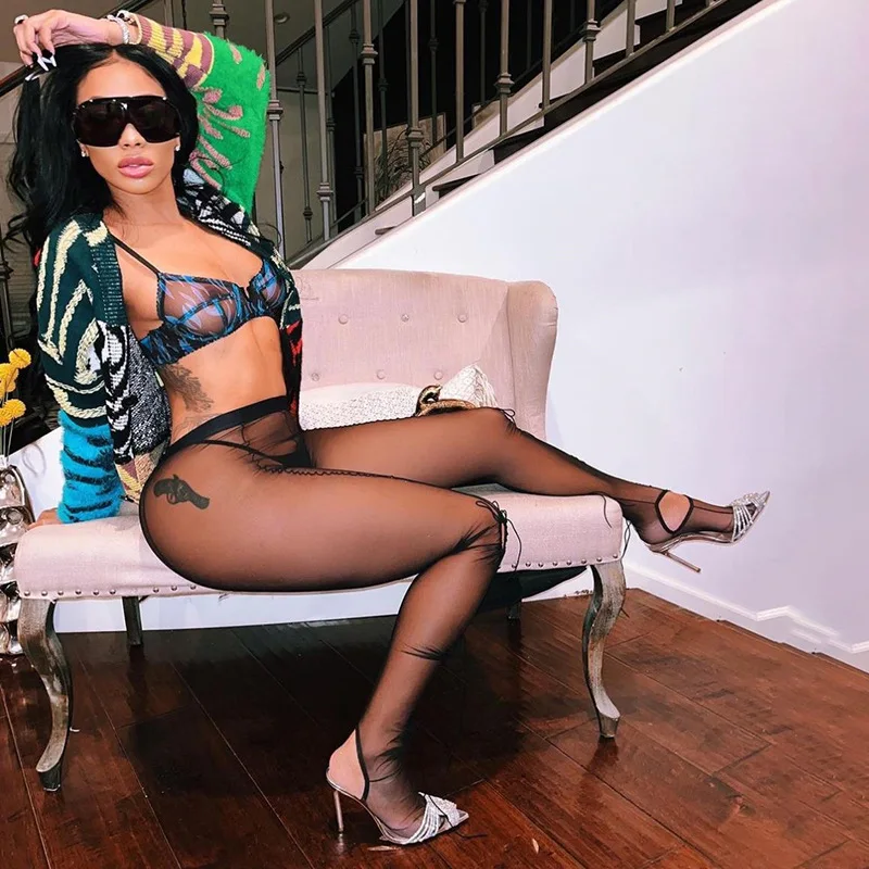 See Through Mesh Sexy Tight Leggings For Womens Nightclub Midnight Party Street Wear Stitching Design Slim Pants