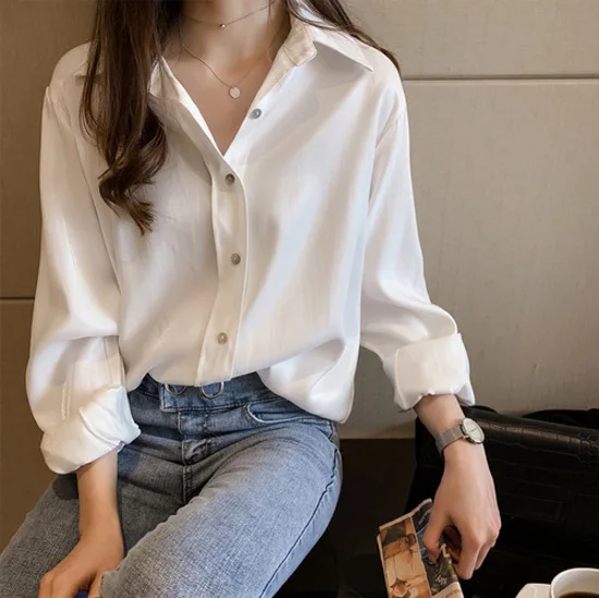 Wholesale 2021 Autumn New Style Korean Retro Temperament Satin Solid Color Loose and Thin Lapel Long-sleeved Bottoming Shirt