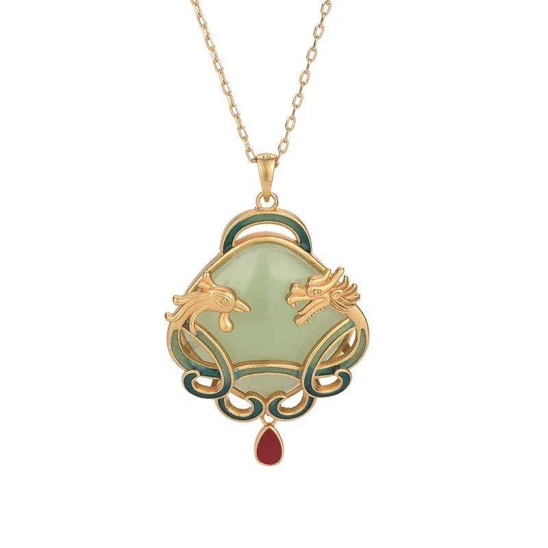 Chinese Retro Style Gold-Plated Artificial Jade Pendant Necklace with Alloy Dragon and Phoenix Inlaid for Wedding or Gift