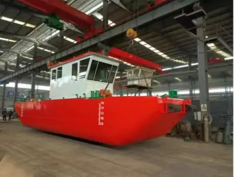 Lake construction project work boat with crane and implements tools