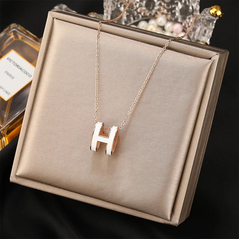 Trendy Stainless Steel Large H Letter Necklace Color Drop Glue Necklace For Women Jewelry Wholesale