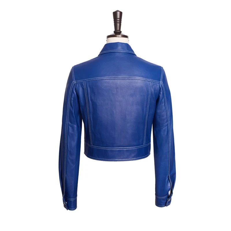 2024 Hiqh quality crop blue women leather motorcycle jacket