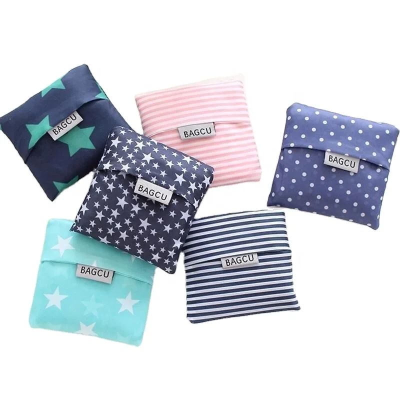 100Pcs/Lot Stock Reusable Recycled Nylon Fabric Shopping Bag Foldable Grocery Polyester Bag with Small Attached Bag