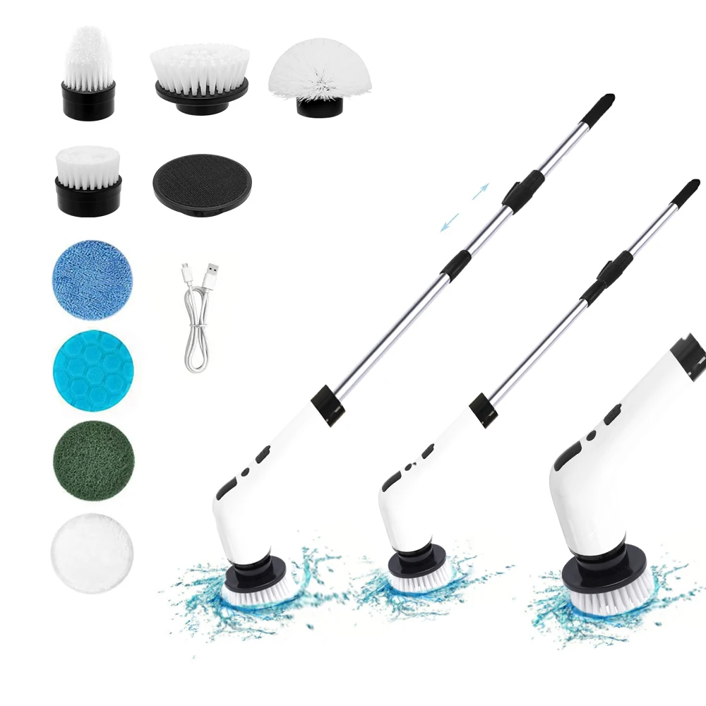 New Electric Spin Scrubber Long Handle Electric Cleaning Brush With 8 Replaceable Brush Heads For Bathroom Kitchen Floor Clean
