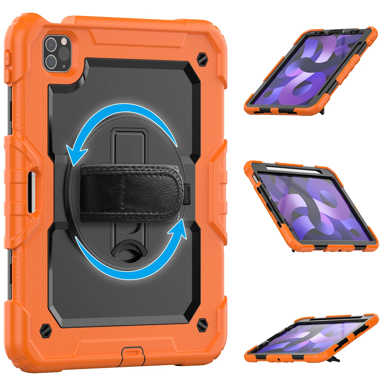 For iPad 2020 Case Tablet Case Protective Shell for Samsung 360 Rotate Stand Silicone PC Cover For iPad with Shoulder Strap