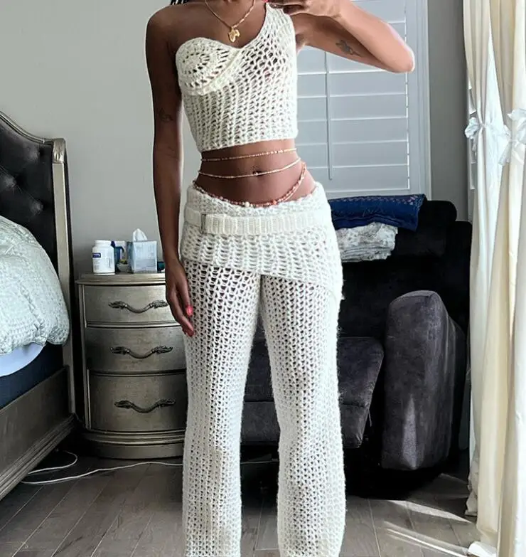 Just Arrivals STOCK White See Through Crochet Knitwear Tank Top Long Pants Casual Women 2 Pieces Sets