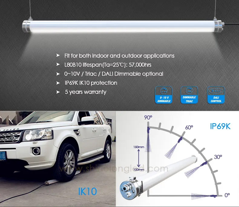 Shinelong LED Triproof Vapor Tight Light IP69K IK10 94V0 Flicker-Free Industrial Lighting Fixtures Modern