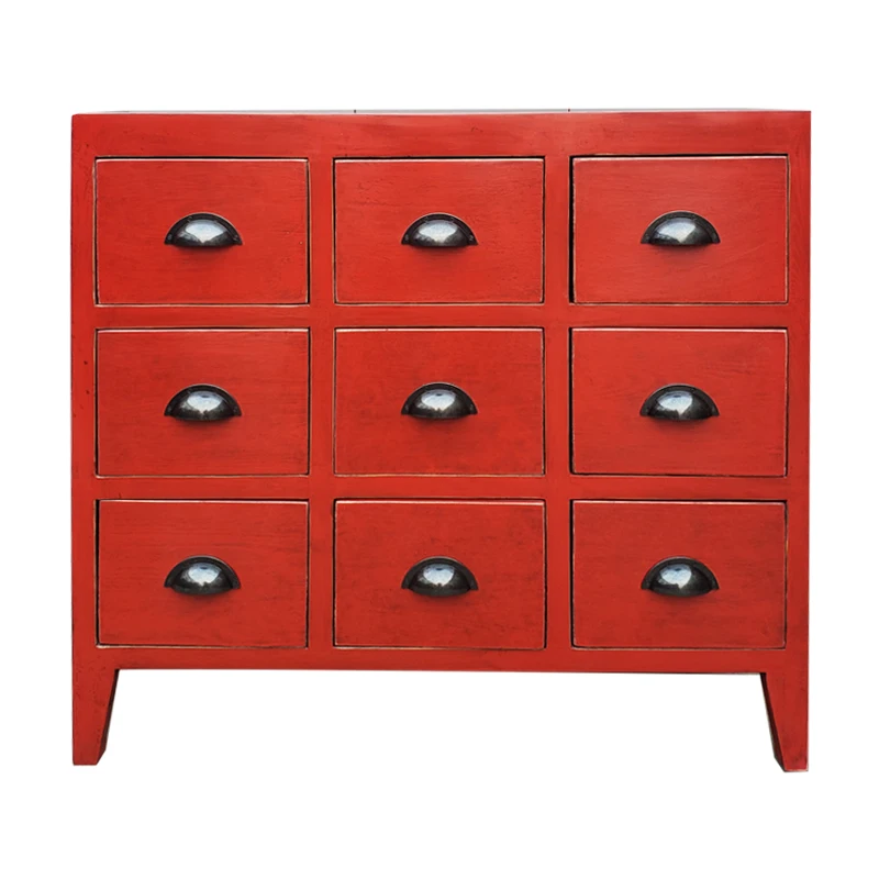 Antique nine drawers chest distressed lacquer living room kitchen sideboard furniture