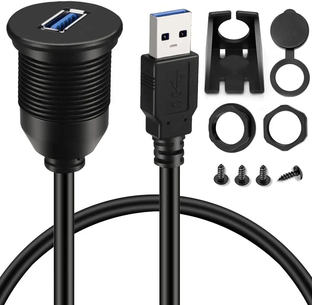 Single Port USB 3.0 Male to Female AUX Car Mount Flush Cable Waterproof Extension for Car Truck Boat Motorcycle Dashboard Panel