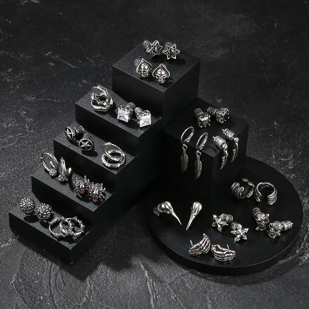 KRKC Vintage Ghost Gothic Skull Stud Earrings Steam Skeleton Goth Punk Jewelry Set Women Mens Hoop Stainless Steel Punk Earrings
