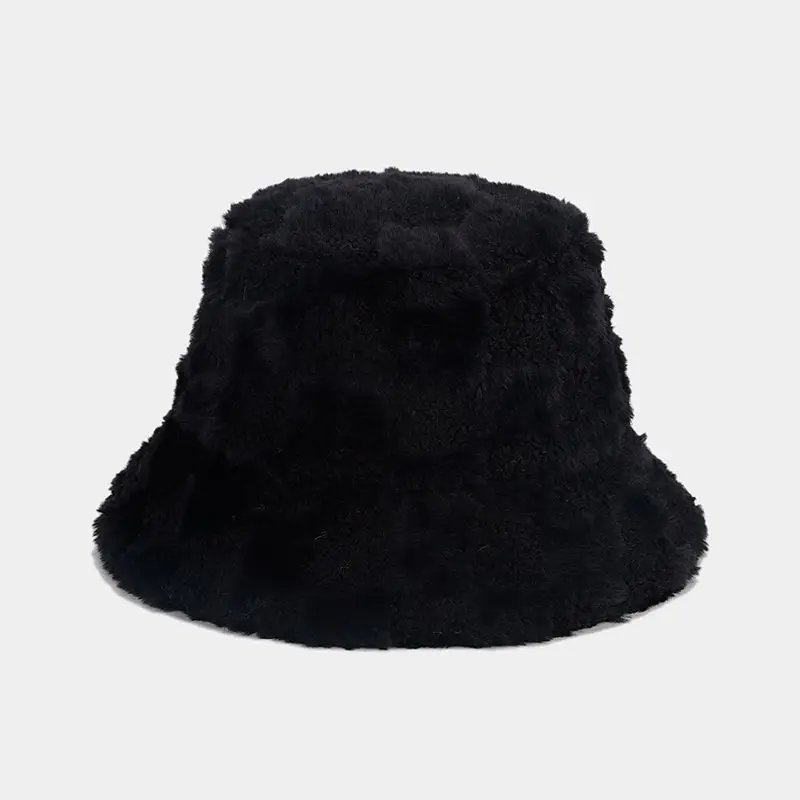 2024 New Designer Ladies Winter Warm Fluffy Plush Bucket Hat High Quality Checkerboard Pattern Fisherman Plain Styles