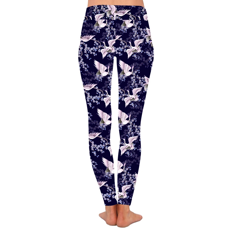 92% polyester 8% spandex 230gsm High quality Brushed super soft sakura branches and white Japanese cranes leggings