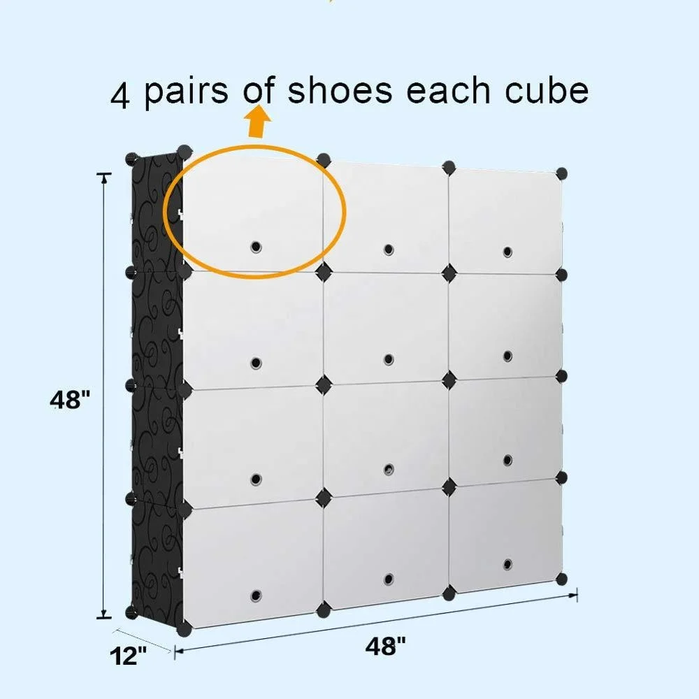 15-Cube Shoe Rack DIY Organizer, Cubby Modular Shelving Storage Plastic Cabinet with Doors