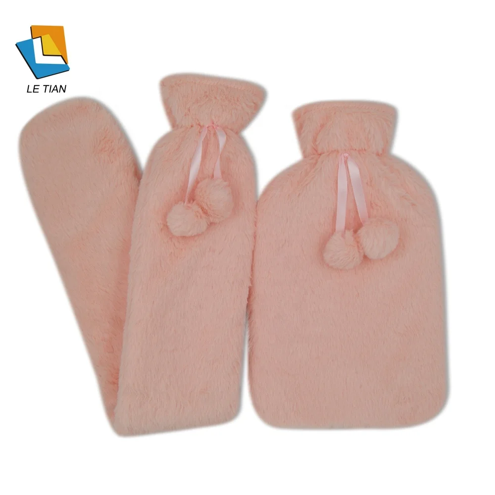 2L  rubber hot water bottle with red rabbit hair fur covers