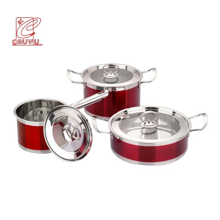 6Pcs Red Italian Stainless Steel Cooking Pot And Pan Cookware Set For Induction Cooker
